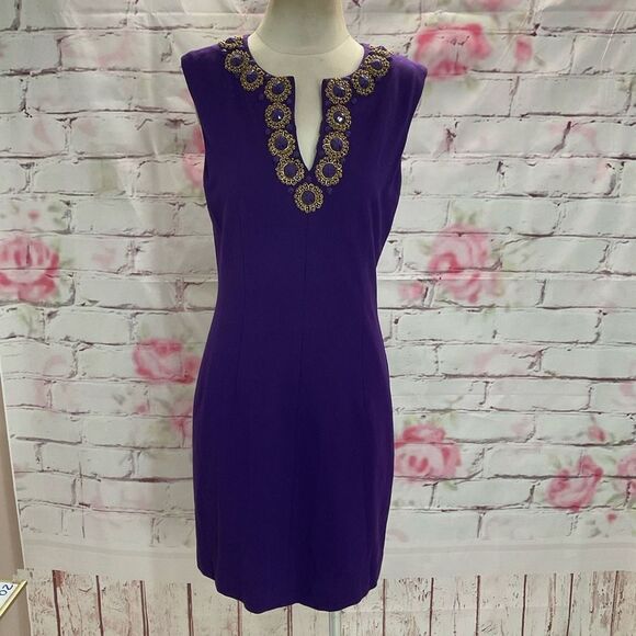 Trina Turk Dresses & Skirts - Trina Turk Women's Sleeveless Beaded Notch Neckline Purple Sheath Dress Size 8